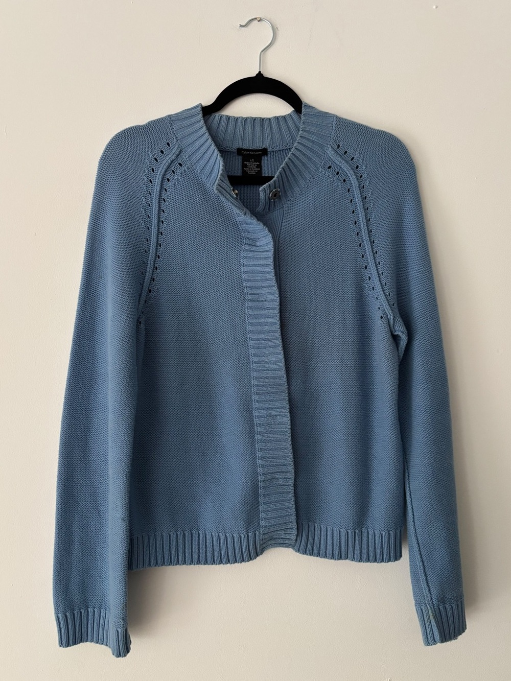 Calvin Klein Jeans Womens L Blue Cotton Knit Cardigan Sweater Mock Neck Open